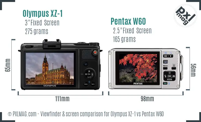 Olympus XZ-1 vs Pentax W60 Screen and Viewfinder comparison