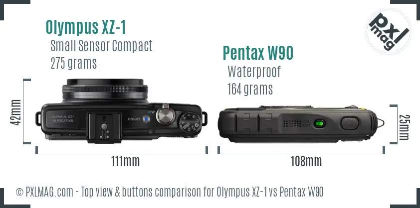 Olympus XZ-1 vs Pentax W90 top view buttons comparison