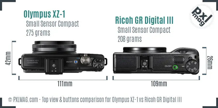 Olympus XZ-1 vs Ricoh GR Digital III top view buttons comparison