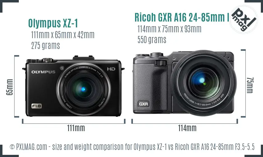 Olympus XZ-1 vs Ricoh GXR A16 24-85mm F3.5-5.5 size comparison Olympus XZ-1 vs Ricoh GXR A16 24-85mm F3.5-5.5 size comparison