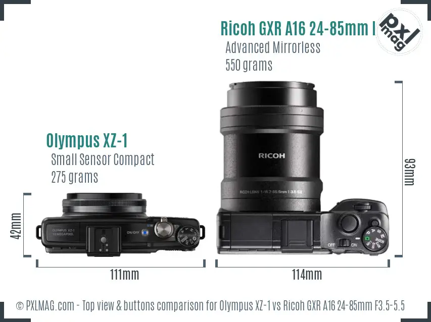 Olympus XZ-1 vs Ricoh GXR A16 24-85mm F3.5-5.5 top view buttons comparison