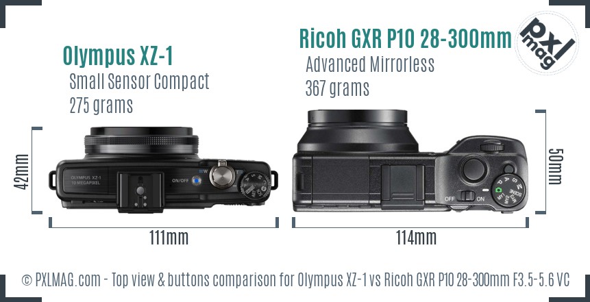 Olympus XZ-1 vs Ricoh GXR P10 28-300mm F3.5-5.6 VC top view buttons comparison