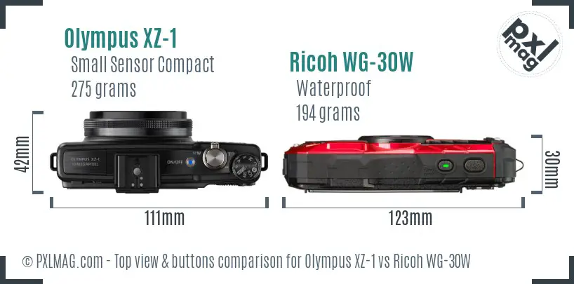 Olympus XZ-1 vs Ricoh WG-30W top view buttons comparison