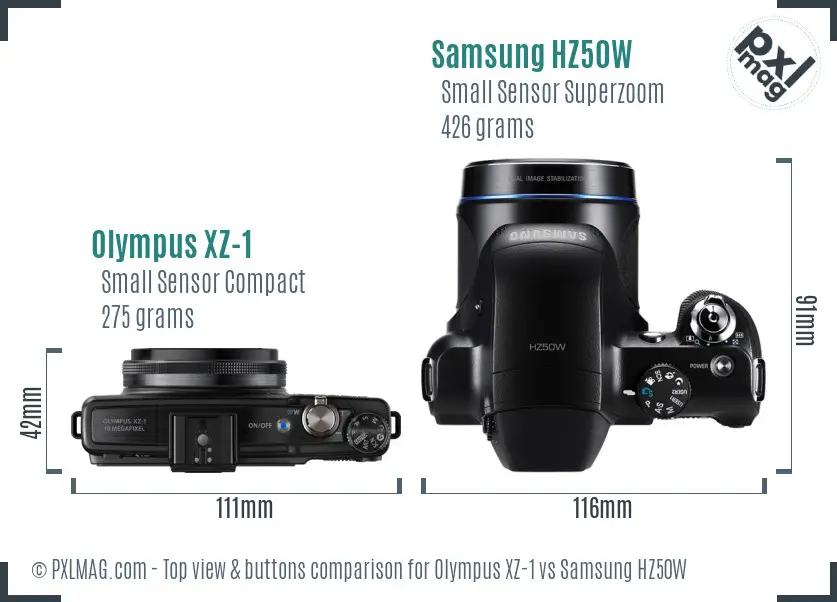 Olympus XZ-1 vs Samsung HZ50W top view buttons comparison