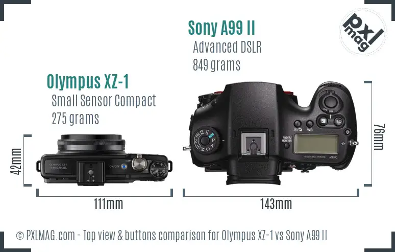 Olympus XZ-1 vs Sony A99 II top view buttons comparison