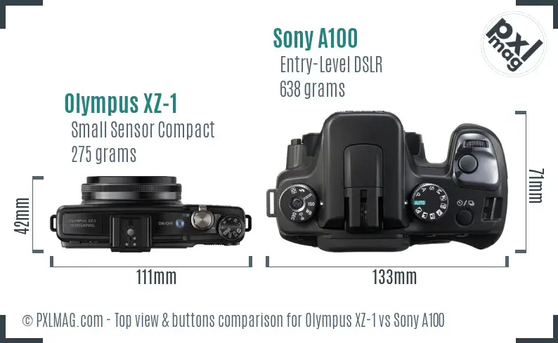Olympus XZ-1 vs Sony A100 top view buttons comparison