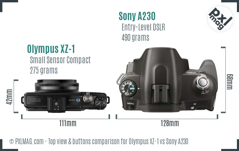 Olympus XZ-1 vs Sony A230 top view buttons comparison