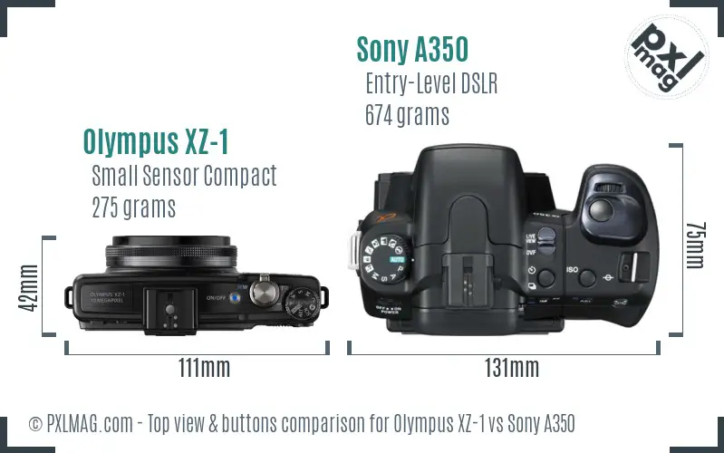 Olympus XZ-1 vs Sony A350 top view buttons comparison