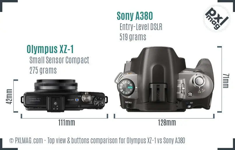 Olympus XZ-1 vs Sony A380 top view buttons comparison
