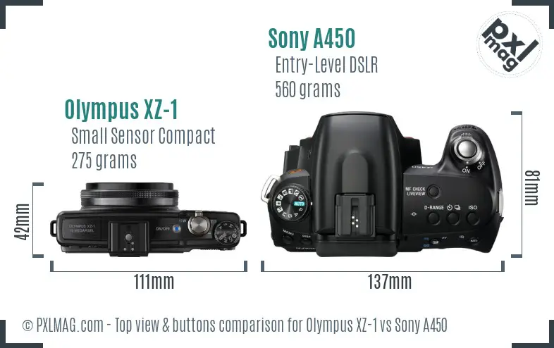 Olympus XZ-1 vs Sony A450 top view buttons comparison