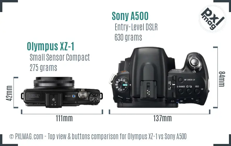 Olympus XZ-1 vs Sony A500 top view buttons comparison