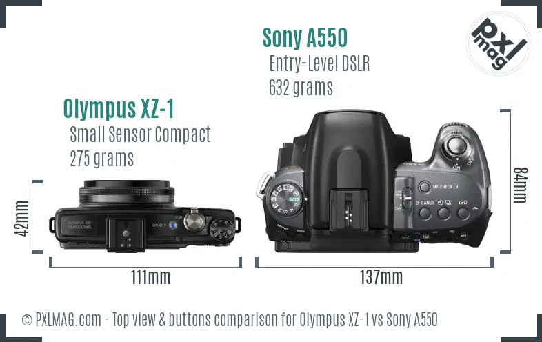 Olympus XZ-1 vs Sony A550 top view buttons comparison
