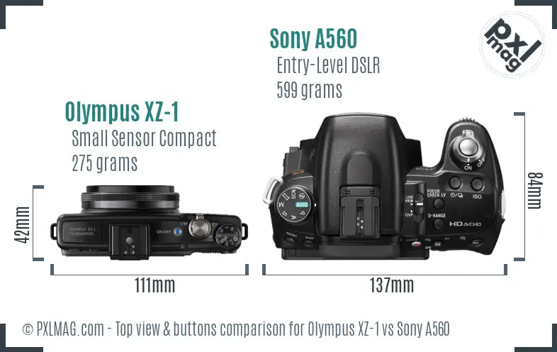 Olympus XZ-1 vs Sony A560 top view buttons comparison