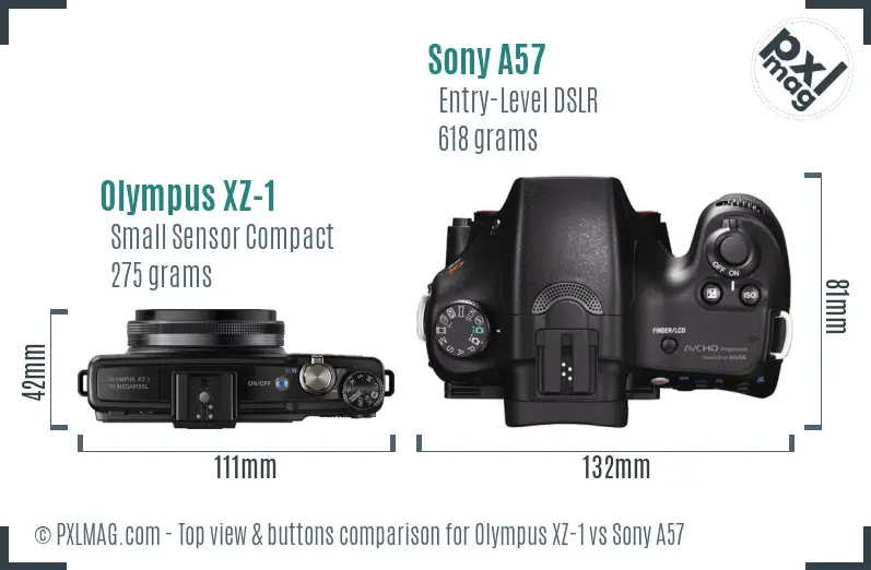 Olympus XZ-1 vs Sony A57 top view buttons comparison