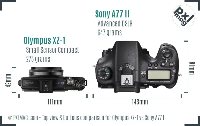 Olympus XZ-1 vs Sony A77 II top view buttons comparison