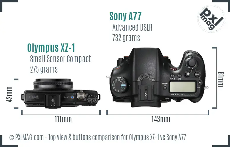 Olympus XZ-1 vs Sony A77 top view buttons comparison