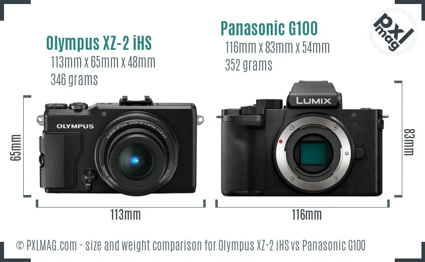 Olympus XZ-2 iHS vs Panasonic G100 size comparison