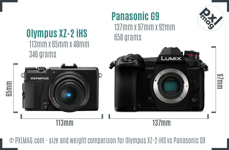 Olympus XZ-2 iHS vs Panasonic G9 size comparison