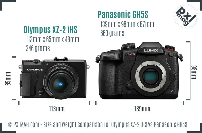 Olympus XZ-2 iHS vs Panasonic GH5S size comparison