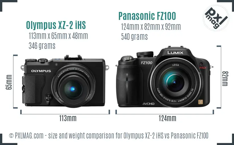 Olympus XZ-2 iHS vs Panasonic FZ100 size comparison