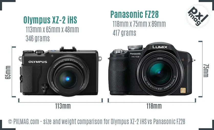 Olympus XZ-2 iHS vs Panasonic FZ28 size comparison