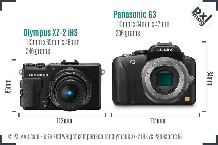 Olympus XZ-2 iHS vs Panasonic G3 size comparison