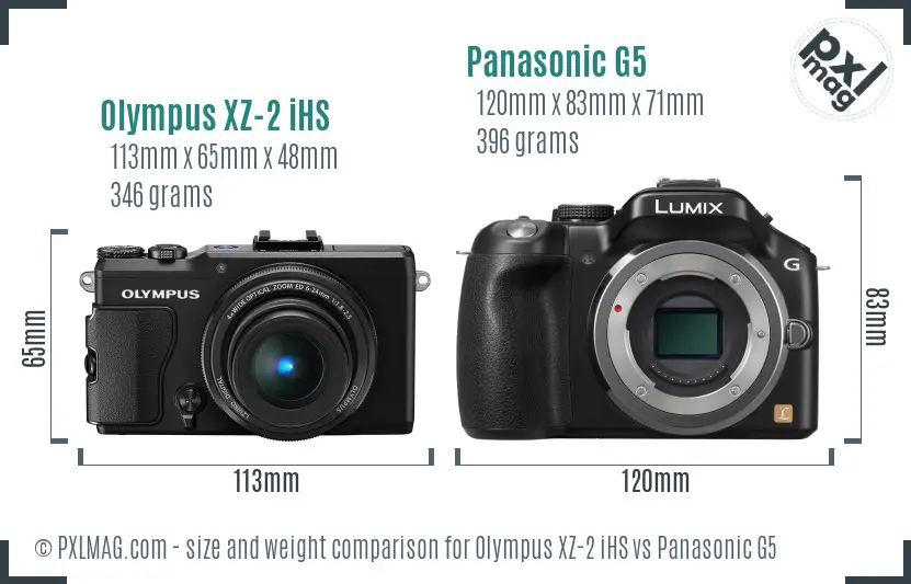 Olympus XZ-2 iHS vs Panasonic G5 size comparison