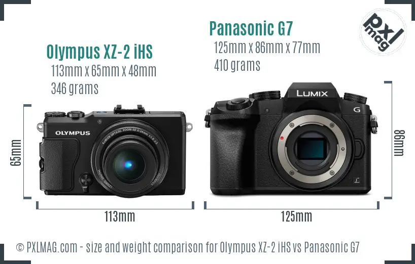Olympus XZ-2 iHS vs Panasonic G7 size comparison