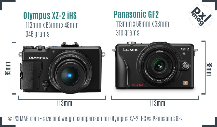 Olympus XZ-2 iHS vs Panasonic GF2 size comparison