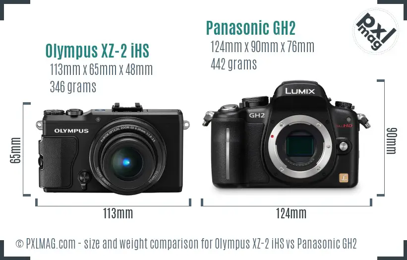 Olympus XZ-2 iHS vs Panasonic GH2 size comparison