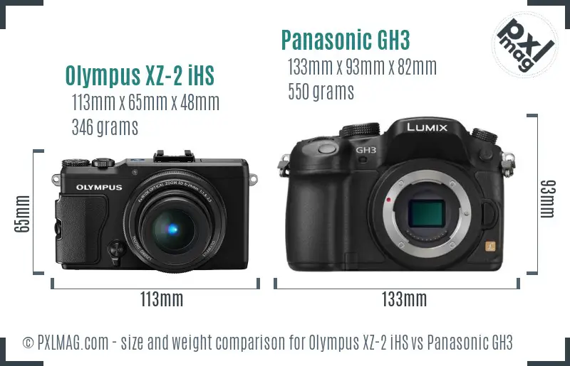 Olympus XZ-2 iHS vs Panasonic GH3 size comparison