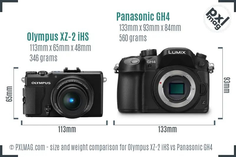 Olympus XZ-2 iHS vs Panasonic GH4 size comparison