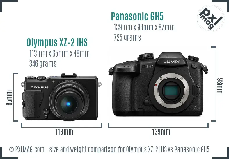 Olympus XZ-2 iHS vs Panasonic GH5 size comparison