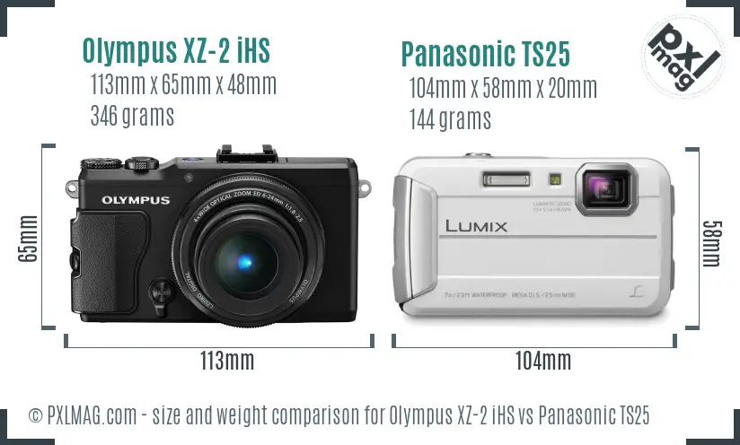 Olympus XZ-2 iHS vs Panasonic TS25 size comparison