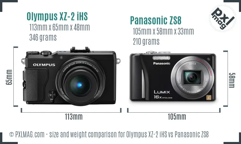 Olympus XZ-2 iHS vs Panasonic ZS8 size comparison