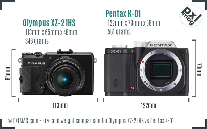 Olympus XZ-2 iHS vs Pentax K-01 size comparison