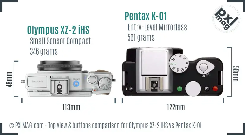 Olympus XZ-2 iHS vs Pentax K-01 top view buttons comparison