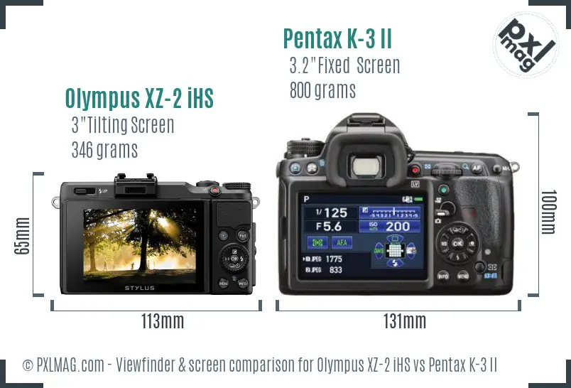 Olympus XZ-2 iHS vs Pentax K-3 II Screen and Viewfinder comparison