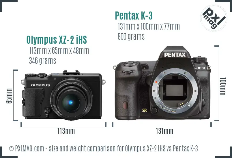 Olympus XZ-2 iHS vs Pentax K-3 size comparison