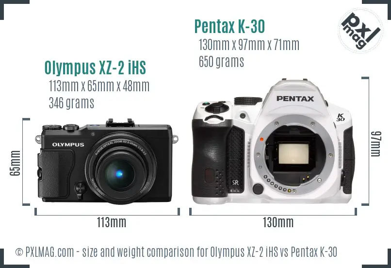 Olympus XZ-2 iHS vs Pentax K-30 size comparison