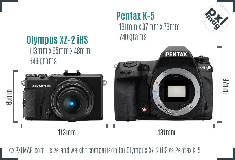 Olympus XZ-2 iHS vs Pentax K-5 size comparison