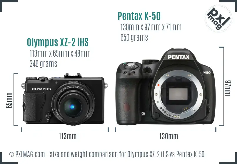 Olympus XZ-2 iHS vs Pentax K-50 size comparison