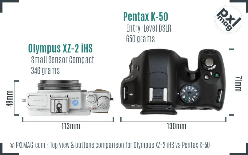 Olympus XZ-2 iHS vs Pentax K-50 top view buttons comparison