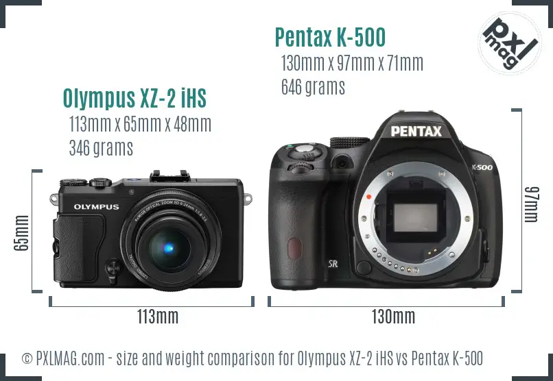 Olympus XZ-2 iHS vs Pentax K-500 size comparison