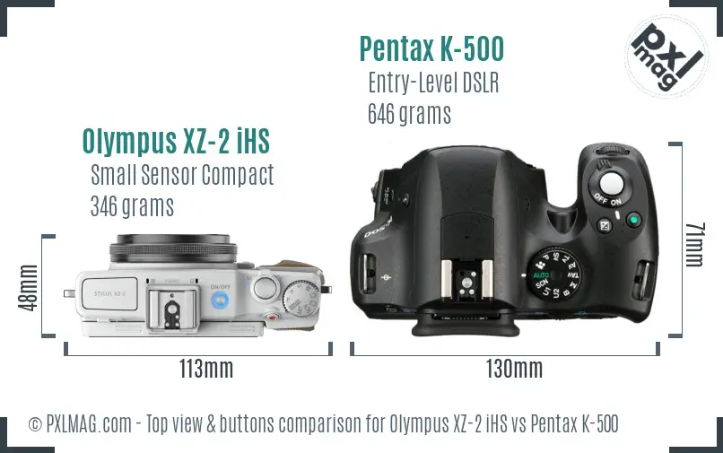 Olympus XZ-2 iHS vs Pentax K-500 top view buttons comparison