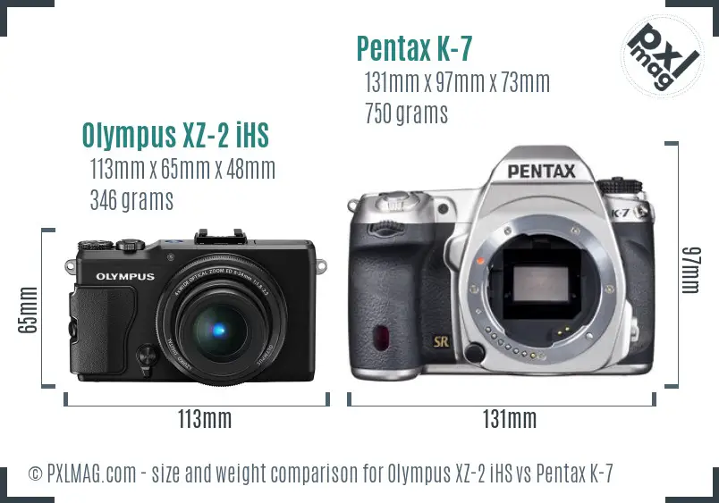 Olympus XZ-2 iHS vs Pentax K-7 size comparison