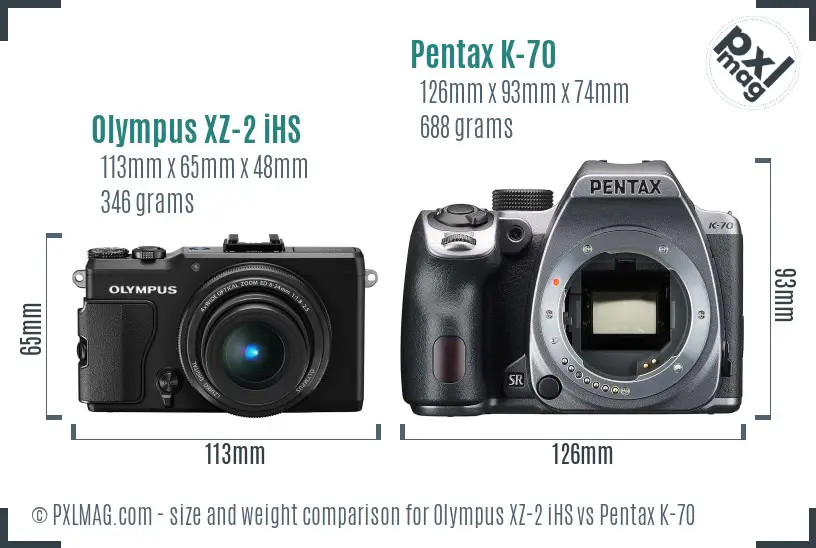 Olympus XZ-2 iHS vs Pentax K-70 size comparison