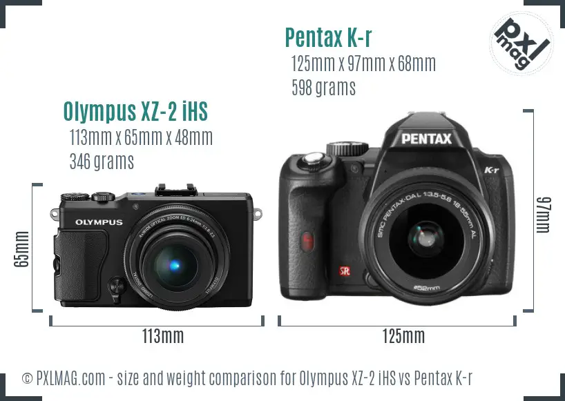 Olympus XZ-2 iHS vs Pentax K-r size comparison