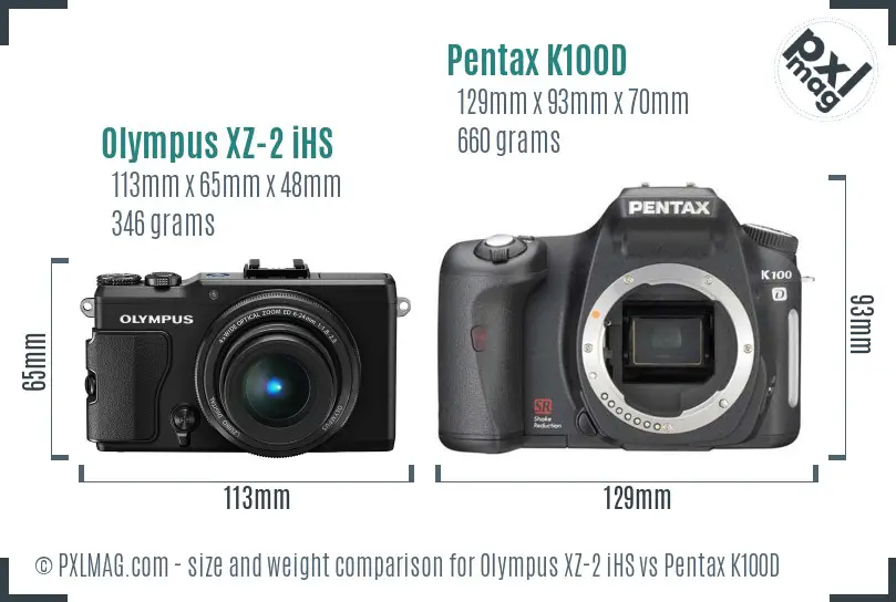 Olympus XZ-2 iHS vs Pentax K100D size comparison