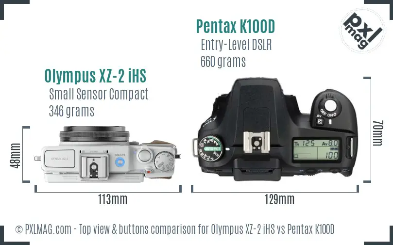 Olympus XZ-2 iHS vs Pentax K100D top view buttons comparison